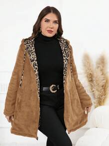 SHEIN Clasi Cazadora con capucha con cremallera y bolsillos, con estampado de leopardo, ropa de invierno de talla grande