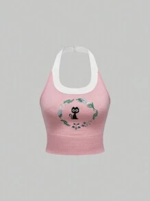 2pcs Set Women's Sweetness Cat Embroidery Sleeveless Knitted Vest Sweater - Pink - View 6