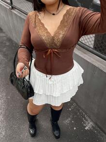 SHEIN EZwear Blusa casual de manga larga con aplicación de encaje y nudo delantero, uso diario, talla grande