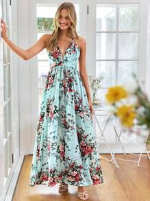 SHEIN VCAY Elegant Summer Vacation Criss Cross Backless Floral Dress Wedding Guest Dress - Multicolor - View 5