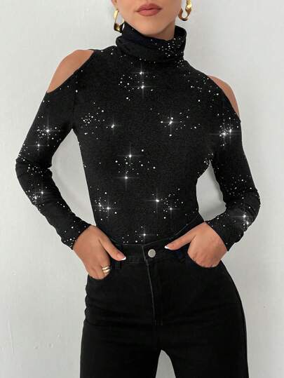 SHEIN Essnce 女士高领露肩长袖简约 T 恤，休闲日常穿着