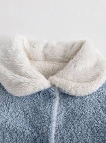 SHEIN Baby Girls' Solid Color Minimalist Fluffy Collar Cardigan Long Jacket, Autumn/Winter - Blue - View 4