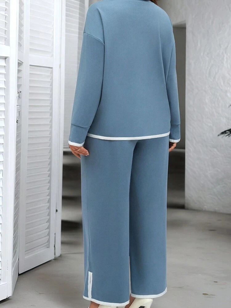 2pcs/Set Plus Size Women Winter Contrast Color Round Neck Dropped Shoulder Long Sleeve Top And Wide Leg Pants Casual Outfit,Winter Clothes For Women