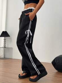 Chiquease Women's Bow Decor Black & White Contrast Color Ruffled Long Pants - Black - View 5