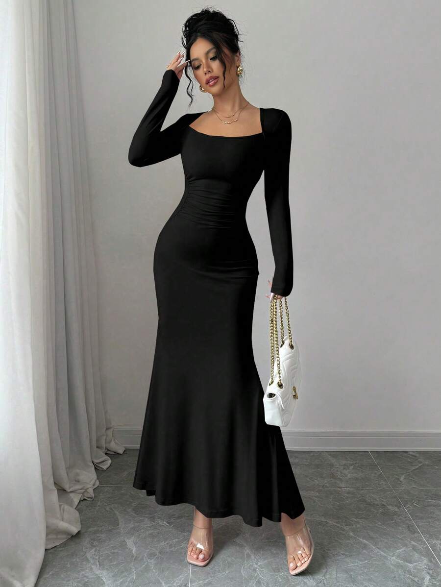 Selianne 合身弹力圆领性感美人鱼长裙女装 - 黑色 - 查看 1