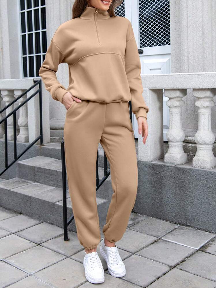 INAWLY Jeu De 2 Pièces Décontracté Couleur Unie Pour Femme - Cachi - Visualizzare 3