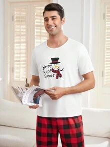 CoupledUp 2 件男士圣诞雪人字母印花套头睡衣和格子睡裤套装 - 彩色 - 查看 5