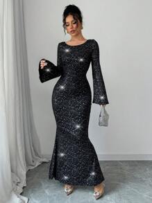 SHEIN Unity Women Glitter Fabric Tied Back Flared Sleeve Fishtail Waist Elegant Maxi Dress Outfit, For New Year - Black - View 6