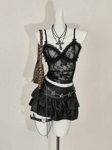 SHEIN ICON 女士 Y2k 节日派对性感蕾丝透视褶皱短款吊带背心