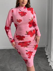 SHEIN Clasi 圣诞节加大码优雅粉色花卉玫瑰印花连衣裙 - 淺粉色 - 查看 5