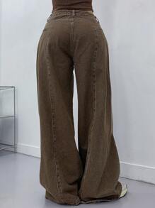 DAZY Distressed Wash Patchwork Wide Leg Jeans For Women,Baggy Jeans - Brown - View 2