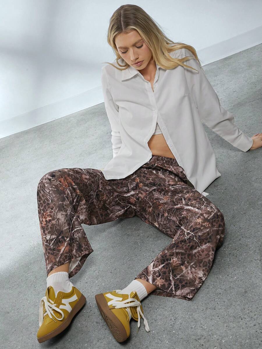 SHEIN EZwear Women Mixed Tree Branch & Leopard Print Pattern Loose Elastic Waist Straight Leg Casual Pants - Brown - View 1