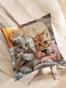 1pc Cute Cat Pattern Pillow Cover, 100% Polyester, Zipper Closure, No Filling, Suitable For Living Room, Bedroom And Dining Room Decor - Multicolor - View 6