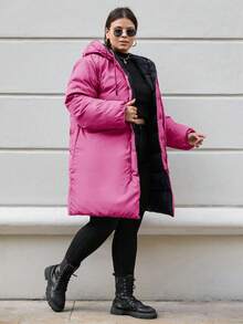 EURMUSE Plus Women's Pink Lined Puffer Winter Coat With Hoodie - Pink - View 4