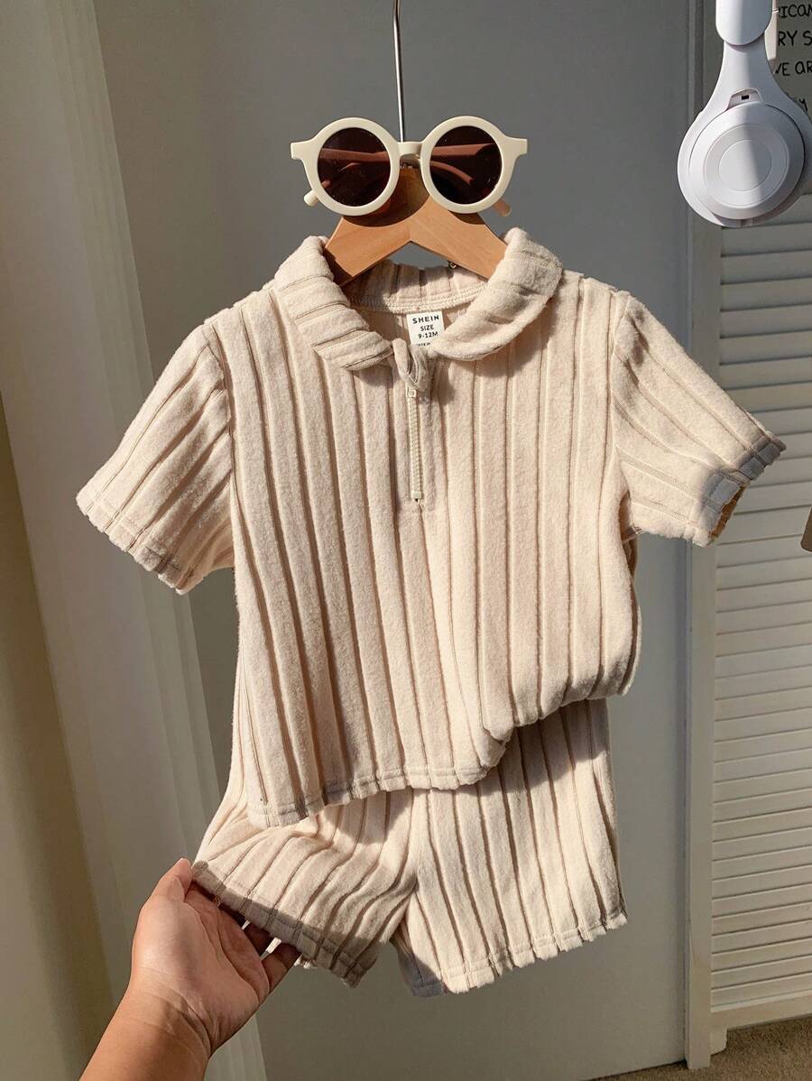 SHEIN Baby Boys/Girls Cute Solid Color Short Sleeve Polo Shirt & Elastic Waist Shorts Set, Spring/Summer - Multicolor - View 1