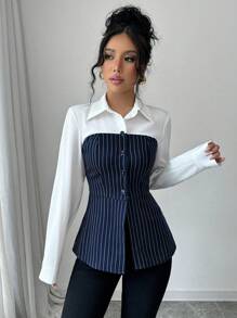 Selianne Autumn Elegant Office Commute Single-Breasted 2 In 1 Striped Shirt Fall Cloth For Women - Multicolor - View 5