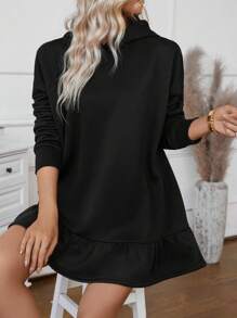 SHEIN LUNE Sudadera con capucha suelta con mangas de murciélago, dobladillo con volantes, de unicolor, para otoño/invierno para mujeres - Negro - Ver 7