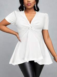 SHEIN Lady 女士纯色 V 领短款泡泡袖扭纹休闲 T 恤 - 白色 - 查看 5