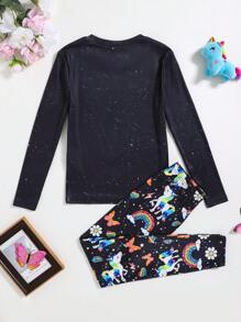 SHEIN Tween Girls Glowing Unicorn & Rainbow Graphic Crew Neck Long Sleeve Snug Fit Pajamas Set, 2 Pcs, Cozy & Adorable - Multicolor - View 2