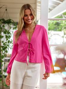Vivid Eden Solid Color Woven Flare Long Sleeve Regular Fit Women's Vacation Shirt,Vacation Outfits For Women