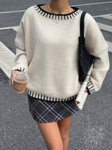 SHEIN Essnce Suéter de mujer de felpa con bordado de concha, cuello de barco, ropa de invierno, suéter de punto para damas