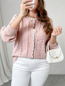 SHEIN Clasi Celure Plus Size Women Solid Color Lace Loose Casual Cardigan, Autumn/Winter Fall Cloth For Women,Ladies' Knitted Coat, Christmas, Red, Party,Winter,Summer,Spring/FallValentine's Day - Pink - View 2
