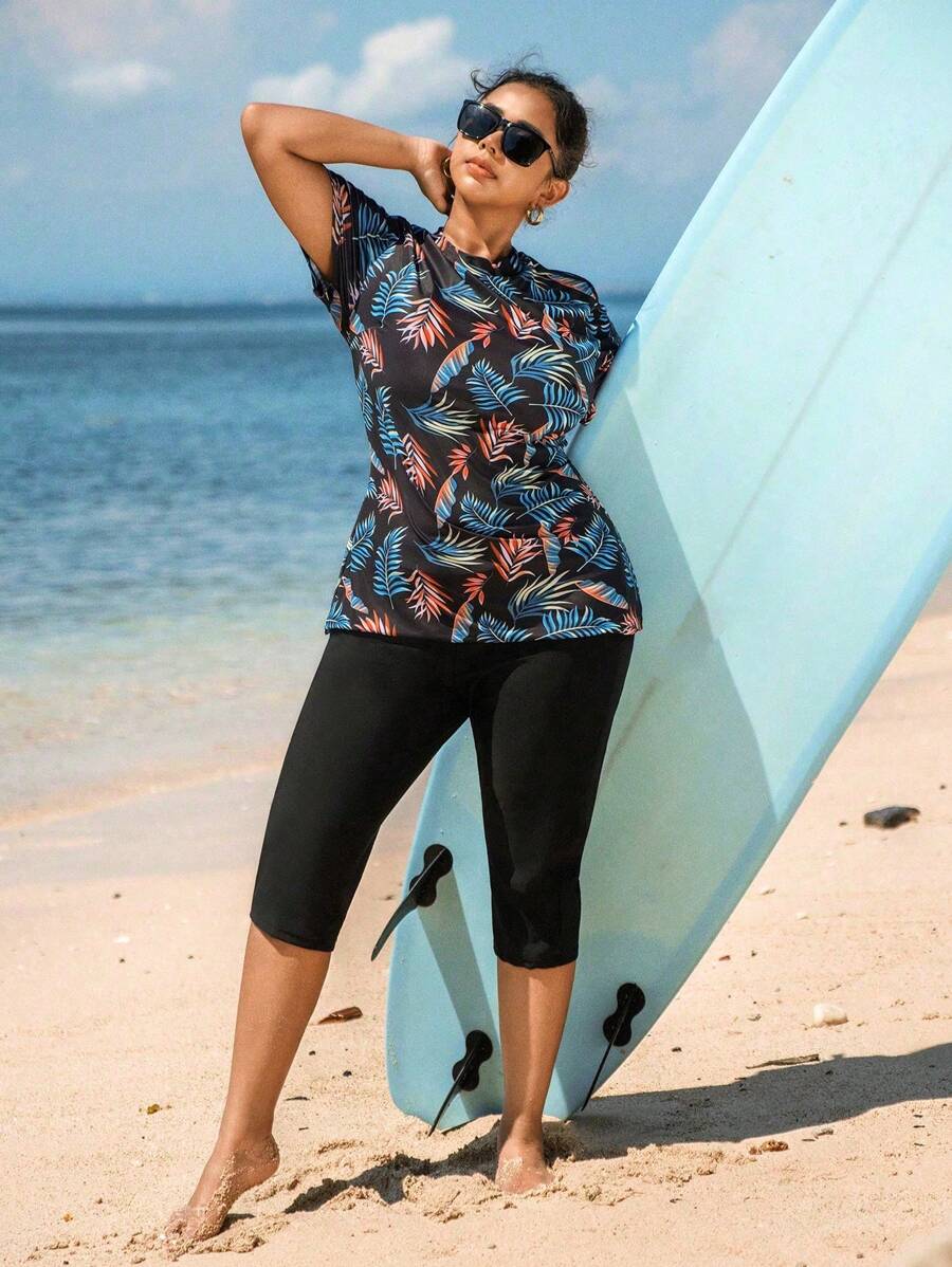 Swim SPRTY Plus Size Short Sleeve Printed Solid Color Tankini Set Summer - Black - View 1