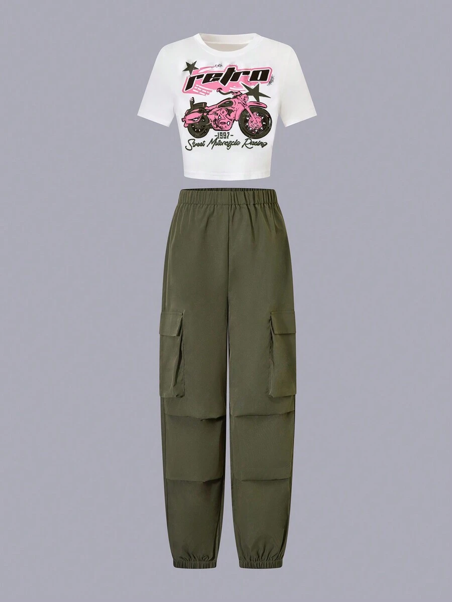 SHEIN Explorewe Conjunto de 2 piezas para niña preadolescente con blusa de manga corta y cuello redondo con estampado, y pantalones largos - Verde militar - Ver 1