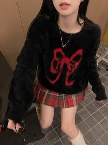 DAZY 女士休闲圆领拼色蝴蝶结装饰蓬松针织套头衫，秋冬，秋季女装圣诞节，新年