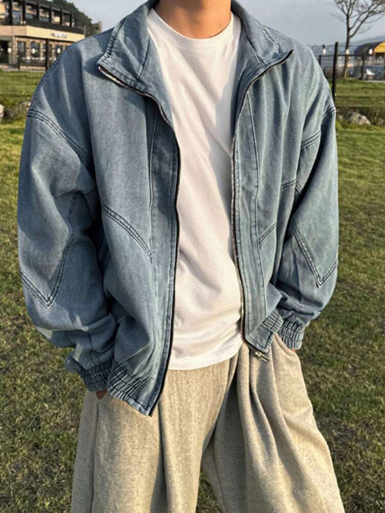 Men's Solid Color Blue Denim Jacket For Autumn