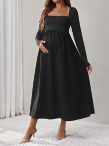 SHEIN Đầm dài tay dài cổ vuông màu trơn cho bà bầu đơn giản tối giản thường ngày - màu đen - Xem 2