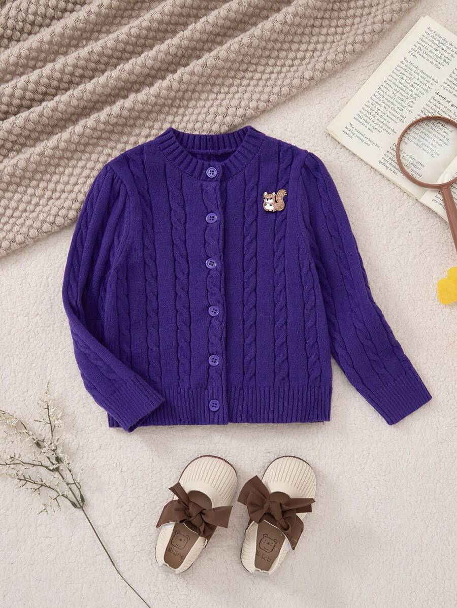 PrepCrw Young Girl Cartoon Squirrel Pattern Long Sleeve Button-Up Cardigan, Autumn/Winter - Purple - View 1