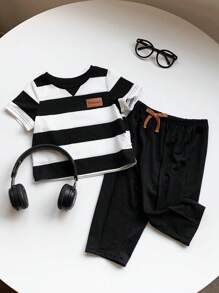 2 件装男婴/女婴可爱条纹短袖 T 恤和松紧腰裤套装，春夏 - 彩色 - 查看 7