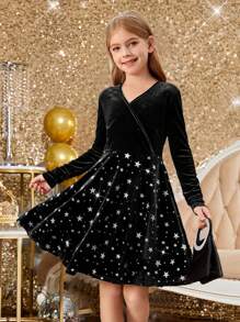 SHEIN Tween Girls' Velvet Metallic Star Criss-Cross Neck Casual Long Sleeve Dress - Black - View 7
