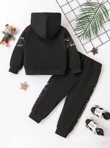 2 件套年轻男孩时尚夜光涂鸦印花连帽运动衫和裤子套装，秋冬 - 黑色 - 查看 2