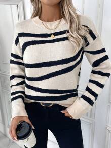 SHEIN LUNE Jersey de punto jacquard con rayas asimétricas para mujer, jersey casual de moda y versátil