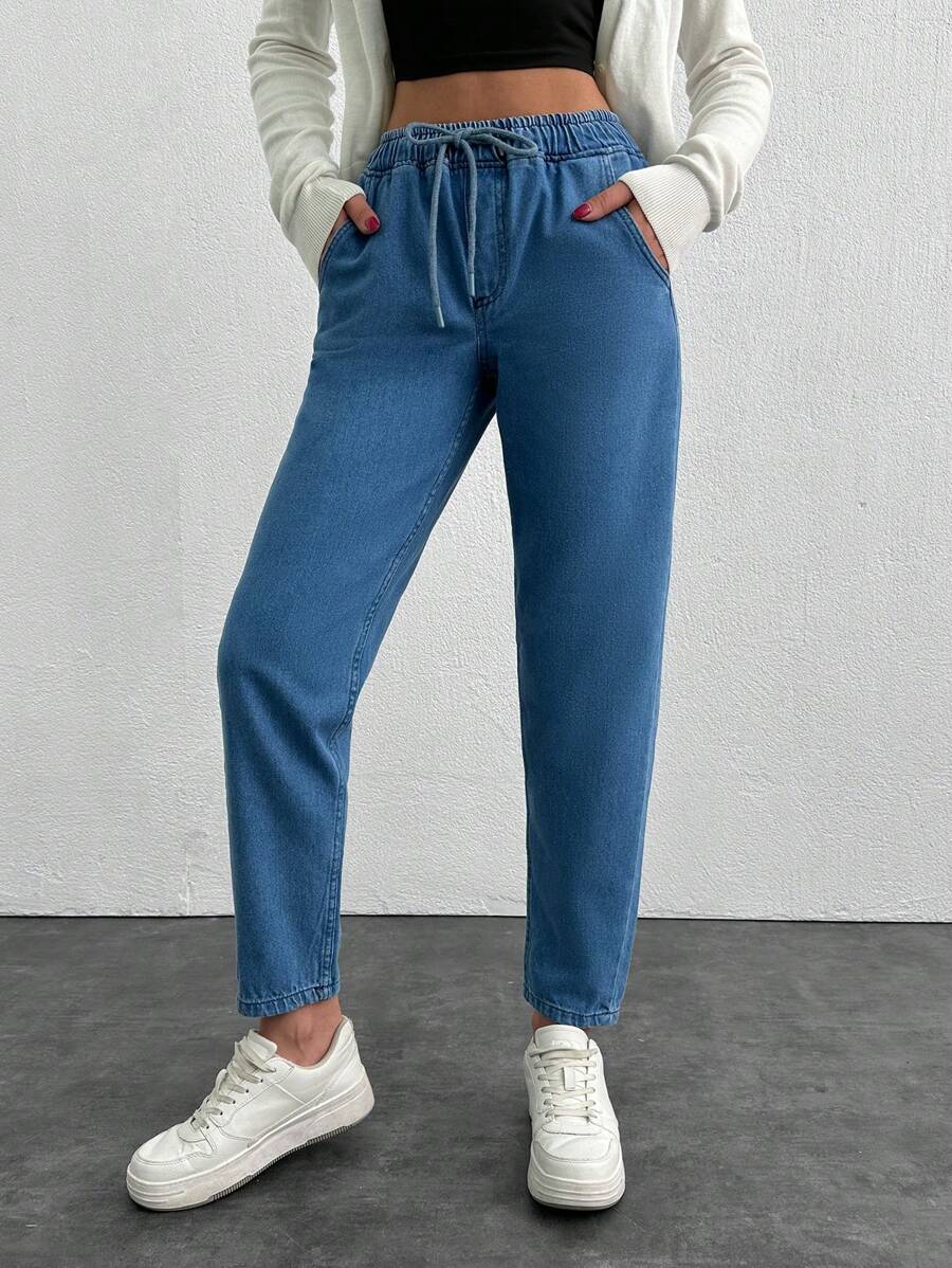 SHEIN Cottnline 女式系带口袋锥形休闲牛仔裤 - 淺色水洗藍 - 查看 1