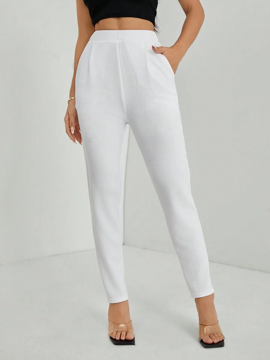 SHEIN PETITE Solid Plicated Detail Skinny Black Pants - White - View 1