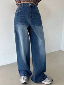 DAZY 女式破洞阔腿牛仔裤 - 藍色 - 查看 7