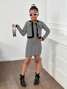 Nova Glow Tween Girl Tween Girl Casual Houndstooth Cardigan Jacket & Slip Dress 2szt. Zestaw