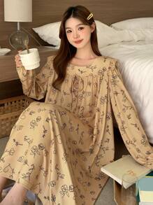 DAZY Line Drawing Floral Print Tie-Up Ruffled Lantern Sleeve Loose Nightgown Pajama - Yellow - View 1