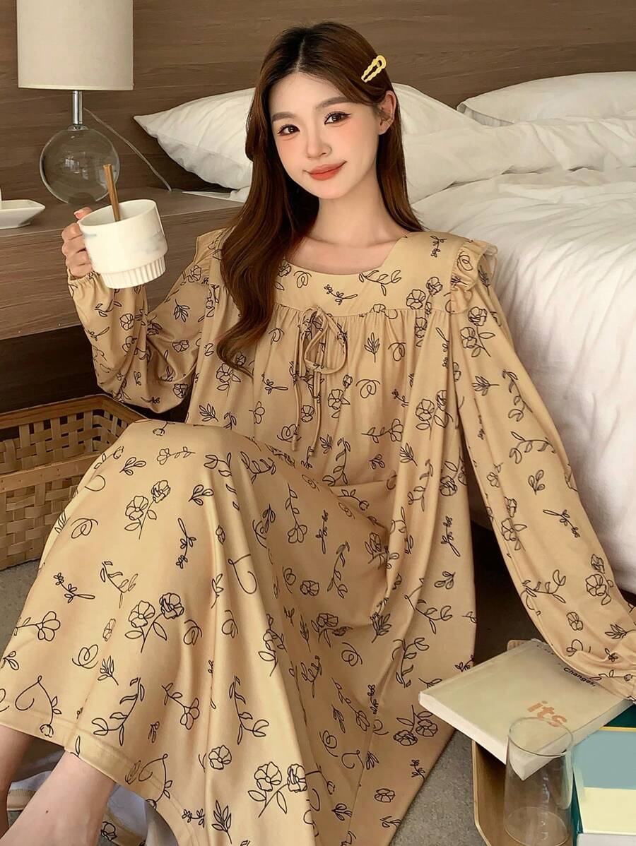 DAZY Line Drawing Floral Print Tie-Up Ruffled Lantern Sleeve Loose Nightgown Pajama - Yellow - View 1
