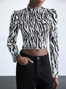 Maija Women's Autumn/Winter Stylish Zebra Stripe Print Gigot Sleeve Cropped Shirt Blouse - Black - View 5