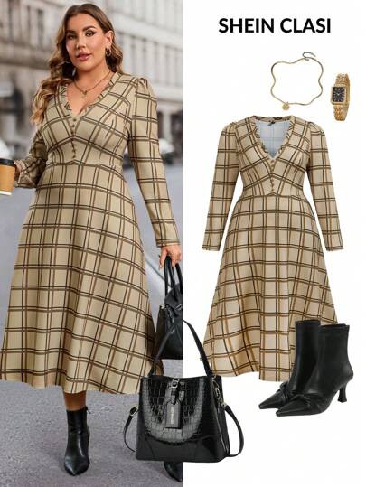 Ellevyn Plus-Size Elegant V-Neck Waistline Plaid Dress,Autumn,Work Wear