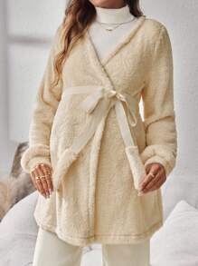 SHEIN Chaqueta casual de manga larga con bolsillo y nudo delantero de unicolor para maternidad - Beis - Ver 5