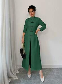 Chiquease Women's French Button Long Coat - Dark Green - View 1