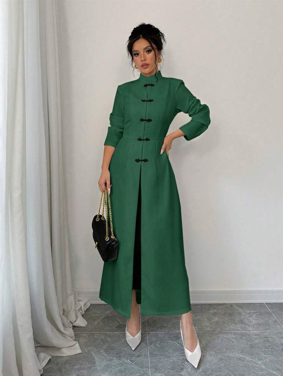 Chiquease Women's French Button Long Coat - Dark Green - View 1