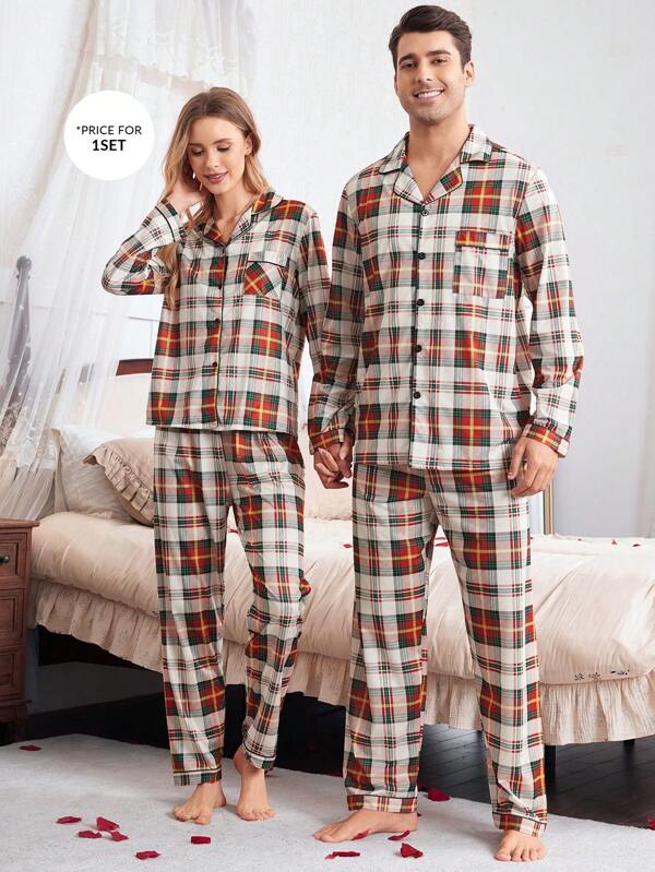 Manfinity CoupledUp Set de pijamale cu imprimeu în carouri cu gât fals pentru bărbați
