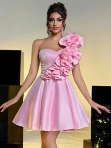 Lovelzi Elegant Pink Satin Ruffles Asymmetrical Neck Princess Dress,Adjustable Straps Wedding Guest Cocktail Bachelorette Party Prom Valentine's Day - Pink - View 5