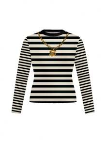 Glamance Artemosfera Magliette a maniche lunghe casual da donna, a girocollo, con strisce multicolore e tinta unita, abbigliamento estivo per donna, t-shirt grafiche adatte per uscire - Multicolore - Visualizzare 1